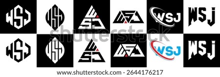 WSJ letter logo design in six style. WSJ polygon, circle, triangle, hexagon, flat and simple style with black and white color variation letter logo set in one artboard. WSJ minimalist and classic logo