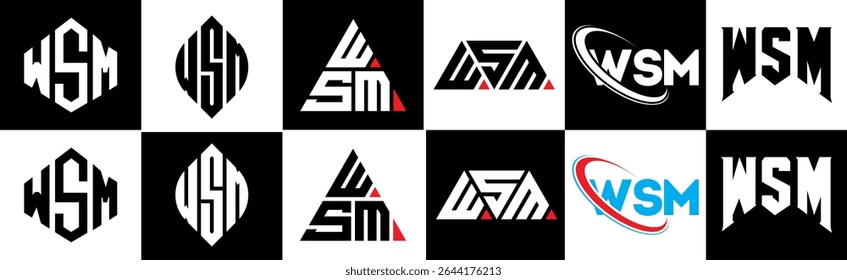 WSM letter logo design in six style. WSM polygon, circle, triangle, hexagon, flat and simple style with black and white color variation letter logo set in one artboard. WSM minimalist and classic logo