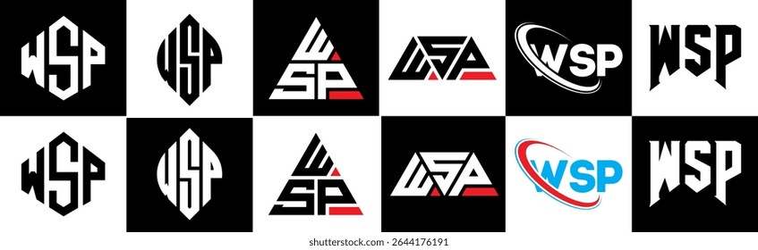 WSP letter logo design in six style. WSP polygon, circle, triangle, hexagon, flat and simple style with black and white color variation letter logo set in one artboard. WSP minimalist and classic logo