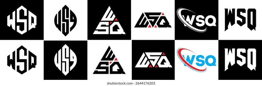 WSQ letter logo design in six style. WSQ polygon, circle, triangle, hexagon, flat and simple style with black and white color variation letter logo set in one artboard. WSQ minimalist and classic logo