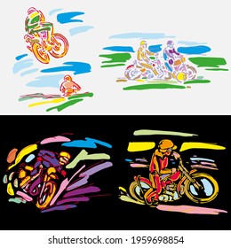 Wstercolor vector silhouette of biker. Motocross sketch outline