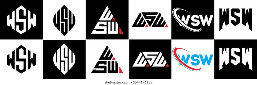 WSW letter logo design in six style. WSW polygon, circle, triangle, hexagon, flat and simple style with black and white color variation letter logo set in one artboard. WSW minimalist and classic logo