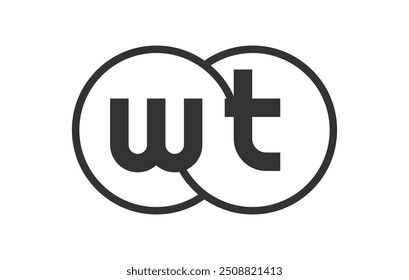 WT business company emblem with outline rounds and letters w t. Logo template of two merged circles for brand identity, logotype. Vector Infinity symbol  and technology sign.