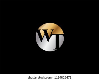 WT circle Shape Letter logo Design in silver gold color