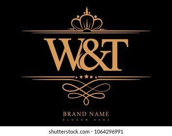 W&T Initial logo, Ampersand initial logo gold with crown and classic pattern