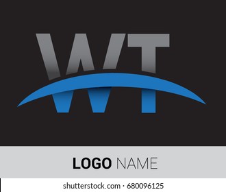 WT initial logo company name colored grey and blue swoosh design.