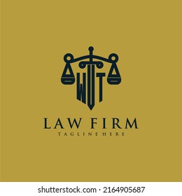 WT initial monogram for lawfirm logo with sword and scale