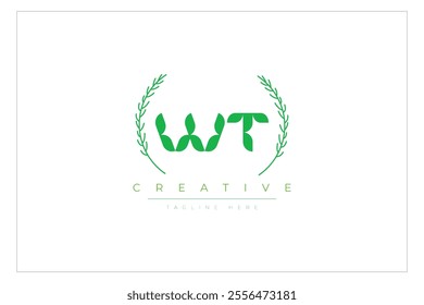 WT letters eco logo with leaf. Fresh nature and healthy leaf logo design.