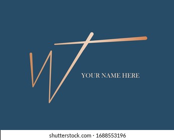 WT monogram logo.Typographic icon with calligraphic script letter w and letter t.Lettering icon.Alphabet initials isolated on dark blue background.Signature style sign characters for company brand.