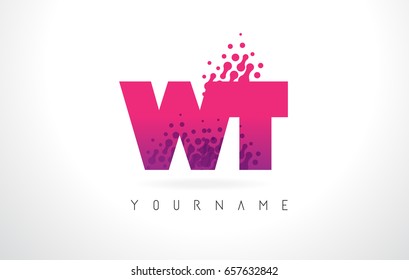 WT W T Letter Logo with Pink Letters and Purple Color Particles Dots Design.