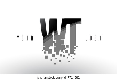 WT W T Pixel Letter Logo with Digital Shattered Black Squares. Creative Letters Vector Illustration.