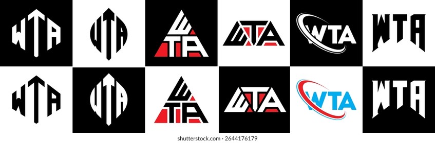 WTA letter logo design in six style. WTA polygon, circle, triangle, hexagon, flat and simple style with black and white color variation letter logo set in one artboard. WTA minimalist and classic logo
