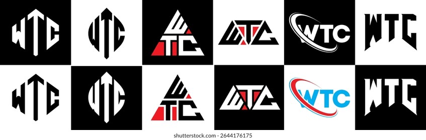 WTC letter logo design in six style. WTC polygon, circle, triangle, hexagon, flat and simple style with black and white color variation letter logo set in one artboard. WTC minimalist and classic logo