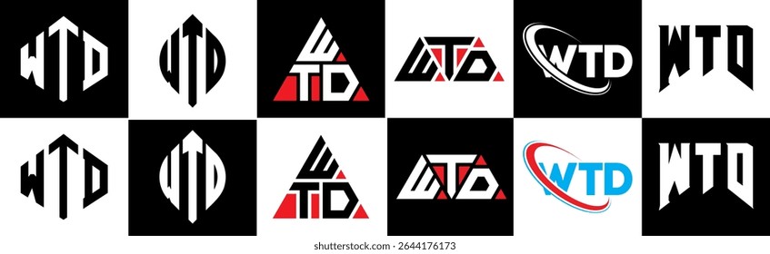 WTD letter logo design in six style. WTD polygon, circle, triangle, hexagon, flat and simple style with black and white color variation letter logo set in one artboard. WTD minimalist and classic logo