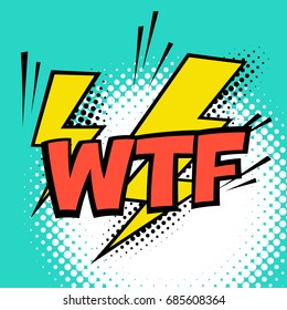 WTF. Colorful speech bubble with lightning. Comic alphabet. Halftone background