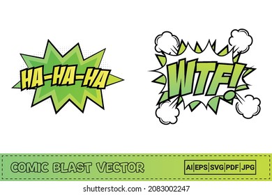 El cómic de WTF se reventó con colores verde y blanco. Explosión cómica riéndose con colores amarillos y verdes. Explosión de cómic. WTF, detonar con burbuja en la nube para discursos de caricatura. Vector de explosión de voz cómica.