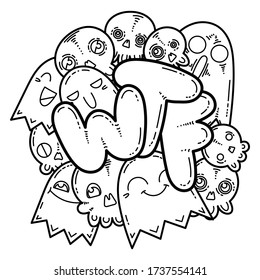 WTF. Kawaii illustration of friendly doodle monsters,cute and fun variety of colors animals. Vector coloring background