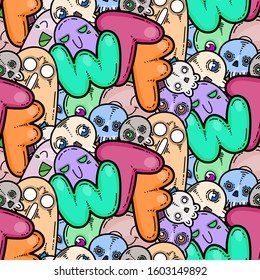 WTF. Kawaii seamless pattern of friendly doodle monsters,cute and fun variety of colors animals. Vector background