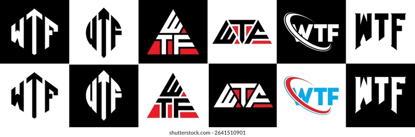WTF letter logo design in six style. WTF polygon, circle, triangle, hexagon, flat and simple style with black and white color variation letter logo set in one artboard. WTF minimalist and classic logo