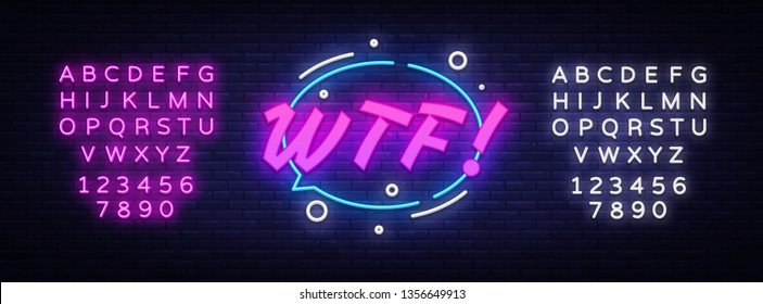 WTF neon text vector design template. Comic speech bubble WTF in neon style, light banner design element colorful modern design trend, night bright advertising. Vector. Editing text neon sign