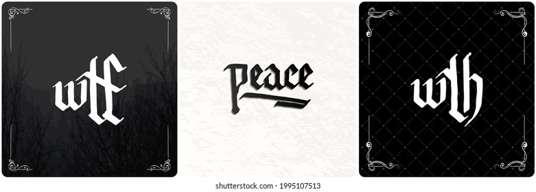 WTF. Peace. WTH. Vintage lettering collection. Gothic blackletter text. Vector clligraphic illustration set