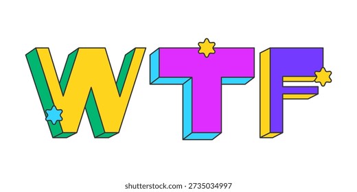 WTF spielerisches 3D-Textdesign. Kiefer-Tropfreaktion. Verwirrung ohne Glauben. Seltsamer Inhalt. Internet-Schock. Mehrfarbige Blockbuchstaben. Retro funky Stil mit Sternen. Popkultur. Montserrat-Schriftart verwendet