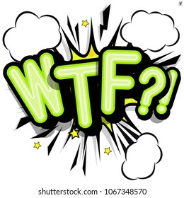 WTF - retro lettering with shadows, halftone pattern on retro poster  background. Vector bright illustration in vintage pop art style. 