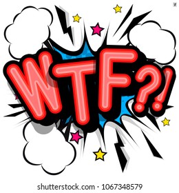 WTF - retro lettering with shadows, halftone pattern on retro poster  background. Vector bright illustration in vintage pop art style. 