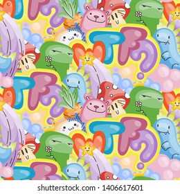 WTF. Seamless vector pattern with cute cartoon monsters and beasts. Nice for packaging, wrapping paper, coloring pages, wallpaper, fabric, fashion, home decor, prints etc. Vector illustration