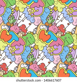WTF. Seamless vector pattern with cute cartoon monsters and beasts. Nice for packaging, wrapping paper, coloring pages, wallpaper, fabric, fashion, home decor, prints etc. Vector illustration