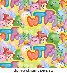 WTF. Seamless vector pattern with cute cartoon monsters and beasts. Nice for packaging, wrapping paper, coloring pages, wallpaper, fabric, fashion, home decor, prints etc. Vector illustration