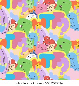 WTF. Seamless vector pattern with cute cartoon monsters and beasts. Nice for packaging, wrapping paper, coloring pages, wallpaper, fabric, fashion, home decor, prints etc. Vector illustration