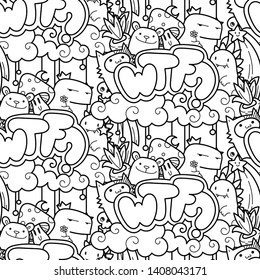 WTF. Seamless vector pattern with cute cartoon monsters and beasts. Nice for packaging, wrapping paper, coloring pages, wallpaper, fabric, fashion, home decor, prints etc. Vector illustration