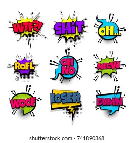 Wtf Shit Meow Woof Loser Set Lettering. Comics Book Balloon. Bubble Icon Speech Pop Art Phrase. Cartoon Font Label Tag Expression. Comic Text Sound Effects. Vector Illustration.