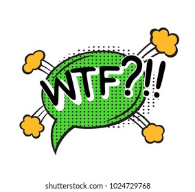 WTF, word in speech bubble patch badge. Comic book style vector sticker, pin, patch in cartoon 80s-90s comic style