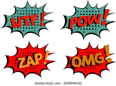 WTF-ZAP-POW-OMG Grabación de historietas Vector ilustración en estilo retro de arte pop sobre fondo de medio tono