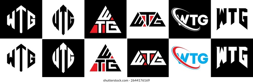 WTG letter logo design in six style. WTG polygon, circle, triangle, hexagon, flat and simple style with black and white color variation letter logo set in one artboard. WTG minimalist and classic logo