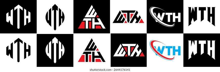 WTH letter logo design in six style. WTH polygon, circle, triangle, hexagon, flat and simple style with black and white color variation letter logo set in one artboard. WTH minimalist and classic logo