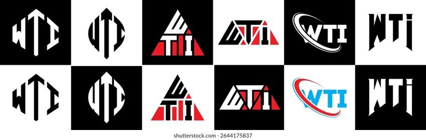 WTI letter logo design in six style. WTI polygon, circle, triangle, hexagon, flat and simple style with black and white color variation letter logo set in one artboard. WTI minimalist and classic logo