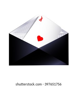 wtite background and dark envelope with ace heart