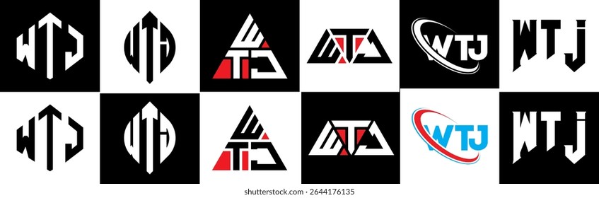 WTJ letter logo design in six style. WTJ polygon, circle, triangle, hexagon, flat and simple style with black and white color variation letter logo set in one artboard. WTJ minimalist and classic logo