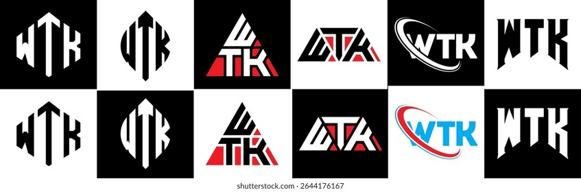 WTK letter logo design in six style. WTK polygon, circle, triangle, hexagon, flat and simple style with black and white color variation letter logo set in one artboard. WTK minimalist and classic logo
