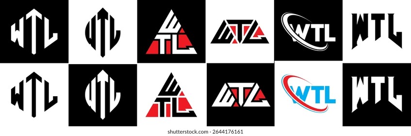 WTL letter logo design in six style. WTL polygon, circle, triangle, hexagon, flat and simple style with black and white color variation letter logo set in one artboard. WTL minimalist and classic logo
