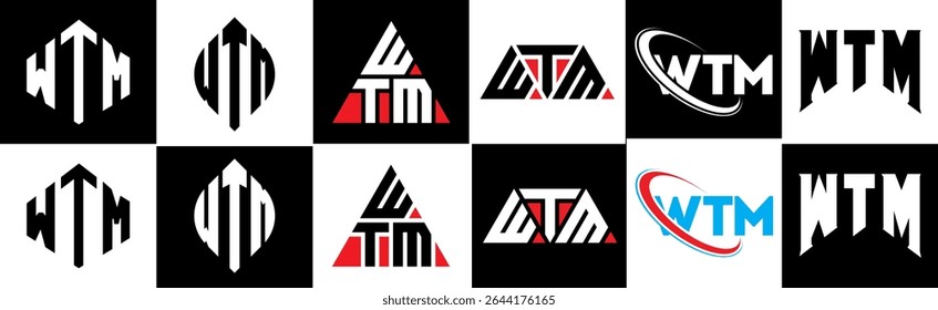 WTM letter logo design in six style. WTM polygon, circle, triangle, hexagon, flat and simple style with black and white color variation letter logo set in one artboard. WTM minimalist and classic logo