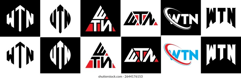 WTN letter logo design in six style. WTN polygon, circle, triangle, hexagon, flat and simple style with black and white color variation letter logo set in one artboard. WTN minimalist and classic logo