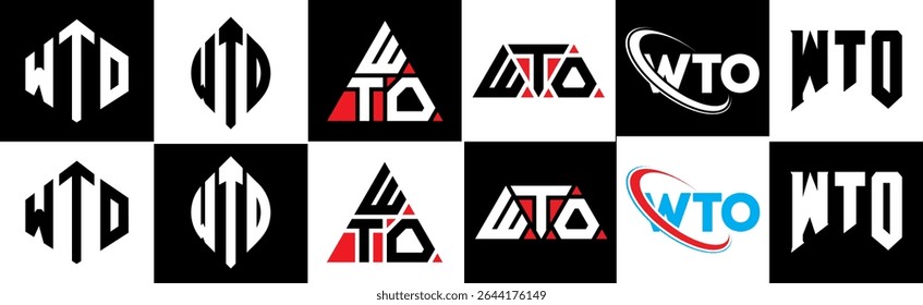 WTO letter logo design in six style. WTO polygon, circle, triangle, hexagon, flat and simple style with black and white color variation letter logo set in one artboard. WTO minimalist and classic logo