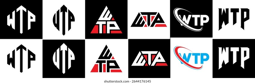 WTP letter logo design in six style. WTP polygon, circle, triangle, hexagon, flat and simple style with black and white color variation letter logo set in one artboard. WTP minimalist and classic logo