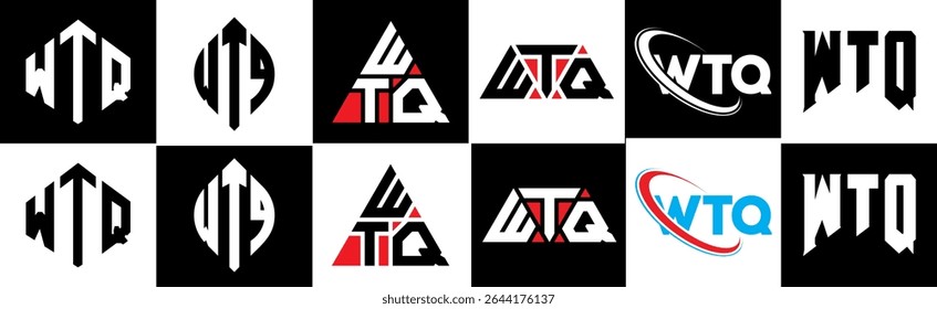 WTQ letter logo design in six style. WTQ polygon, circle, triangle, hexagon, flat and simple style with black and white color variation letter logo set in one artboard. WTQ minimalist and classic logo