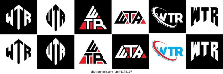 WTR letter logo design in six style. WTR polygon, circle, triangle, hexagon, flat and simple style with black and white color variation letter logo set in one artboard. WTR minimalist and classic logo