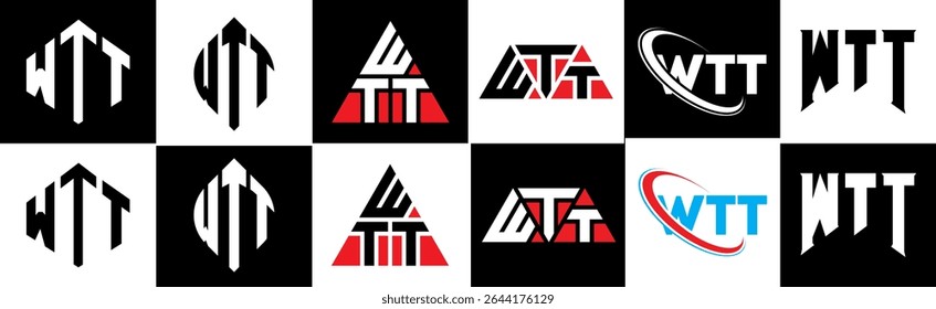 WTT letter logo design in six style. WTT polygon, circle, triangle, hexagon, flat and simple style with black and white color variation letter logo set in one artboard. WTT minimalist and classic logo